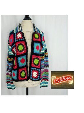 Vintage Z Line Crochet Knit Cardigan Sweater Large Patchwork